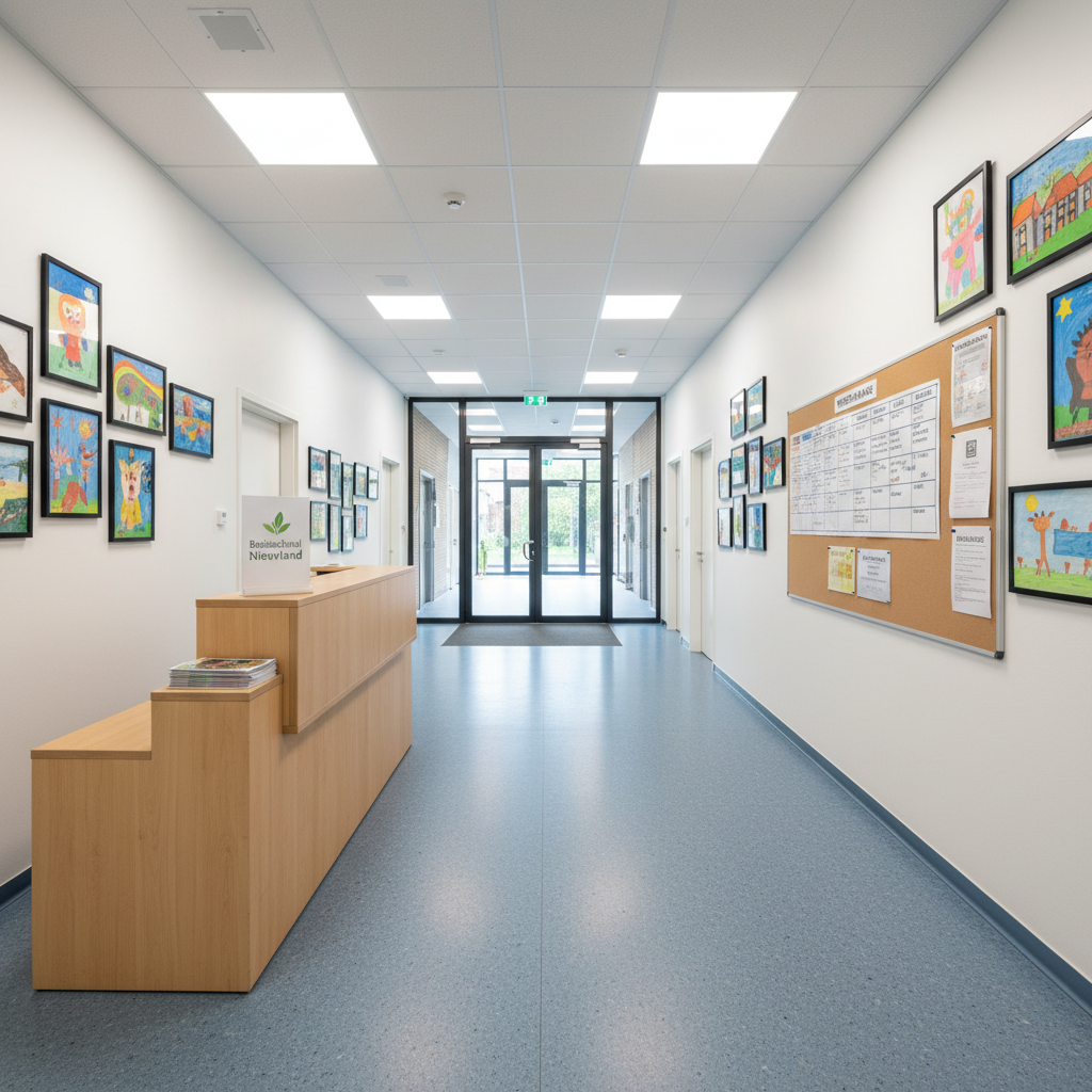 A tidy school entrance hall of a Brussels basisschool, shown in photographic realism with no people present. A sturdy light-wood reception desk sits to one side, with a small stack of neatly arranged brochures and a sign displaying the school name “Basisschool Nieuwland.” The floor is covered in durable, speckled linoleum in calming blue and gray tones. Colorful student artwork is carefully framed along the walls, and a large bulletin board displays a clear weekly schedule and announcements in Dutch and French. Soft overhead lighting combines with diffused daylight from glass doors, creating a bright, professional mood. Composed with a slightly wide-angle lens from a frontal perspective, the image communicates organization, safety, and an inviting first impression of the school.