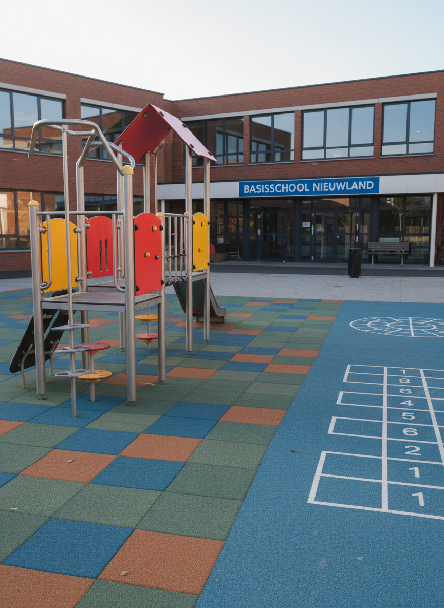 A vibrant outdoor playground of a Brussels basisschool, photographed in realistic detail with absolutely no people present. In the foreground, a safe, modern climbing structure made of smooth metal and durable red and yellow plastic stands on a soft, rubberized surface patterned in muted primary colors. Painted hopscotch and number games decorate the ground nearby. The school building, a contemporary brick and glass structure, frames the background with large windows and a clearly visible sign reading “Basisschool Nieuwland.” Soft early afternoon sunlight creates crisp but gentle shadows, highlighting textures of rubber, metal, and brick. Captured from a slightly low angle to emphasize the play equipment, the composition feels energetic yet controlled, suggesting a safe, stimulating environment for play, cooperation, and growth.
