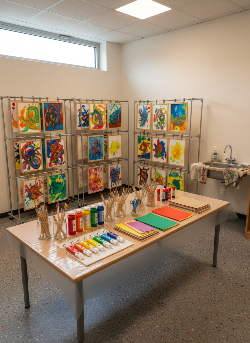 A colorful yet orderly arts-and-crafts corner in a Brussels basisschool, rendered in photographic realism with no people. A wide wooden table bears neatly arranged supplies: cups of bright tempera paints, clean brushes in jars, stacks of recycled paper, safety scissors, and glue sticks aligned on a washable surface. Along the wall behind, a row of drying racks displays abstract children’s paintings, their colors vivid but carefully framed to maintain a professional layout. The floor is covered in easy-to-clean speckled vinyl, with a small sink area visible to one side for washing brushes. Warm overhead lighting combines with gentle daylight from a high window, creating soft reflections on jars and paint. Shot at a slightly elevated angle with balanced composition, the atmosphere feels creative, structured, and welcoming, highlighting the school’s emphasis on guided artistic discovery.
