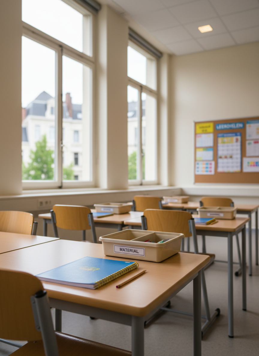 A calm, focused study space in a Brussels primary school, shown in photographic realism without people. Several individual light-wood desks with ergonomic child-sized chairs are arranged in a row near tall windows, each desk holding a neatly closed workbook, a sharpened pencil, and a small labeled storage tray. Outside the windows, soft-focus urban rooftops and trees indicate the Brussels setting. Diffused daylight fills the room, complemented by subtle ceiling lighting, creating an even, gentle brightness. The walls are painted in a soft, warm white, with a single bulletin board displaying organized charts and learning goals in Dutch. Captured from a side angle with a shallow depth of field that keeps the nearest desk in crisp focus while gently blurring the rest, the mood is quiet, concentrated, and professional, ideal for learning and growth.