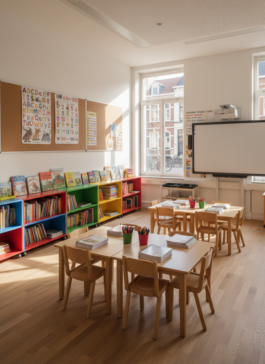 A bright, modern primary school classroom in Brussels, captured in photographic realism without any people. Low, colorful bookshelves filled with neatly arranged picture books line one wall, while small wooden tables with matching chairs are grouped in the center, each with sharpened colored pencils and clean exercise books carefully placed. Large windows reveal a subtle urban streetscape, allowing soft morning daylight to flood in, casting gentle shadows on the light oak floor. Educational posters in Dutch and French, a large interactive whiteboard, and a neatly written daily schedule add context. Shot at eye level with sharp focus throughout, the atmosphere feels welcoming, organized, and professional, emphasizing a clean and inspiring learning environment where children can learn, grow, and discover together.