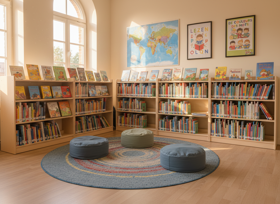 A sunlit, well-organized primary school library corner without any people, rendered in photographic realism. Low birch-wood bookshelves overflow with children’s books, their spines a vibrant mix of colors. In front of the shelves, a circular soft rug in muted primary colors lies on a smooth, light laminate floor, with a few floor cushions neatly arranged for reading time. On the wall, a world map and simple educational posters about reading and languages add to the academic atmosphere. Large windows to the side let in soft afternoon light, creating gentle highlights on book covers and a cozy yet professional atmosphere. Captured from a slightly elevated angle with a moderate depth of field, the composition emphasizes harmony, curiosity, and a love for learning in a Brussels basisschool setting.