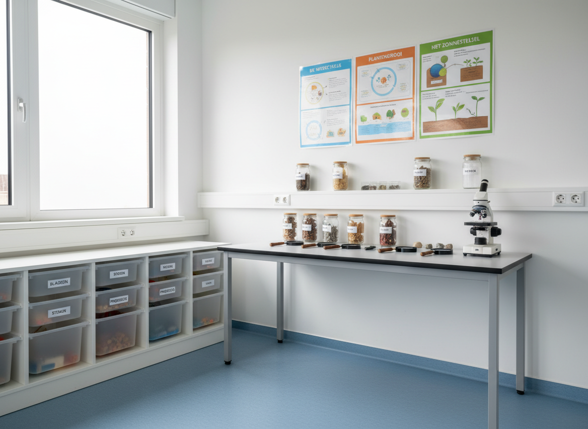 A modern science and discovery corner in a Brussels primary school classroom, entirely without people, captured in clean photographic realism. A sturdy light-gray lab table stands against a white wall, holding neatly arranged magnifying glasses, labeled specimen jars with leaves and rocks, and a simple microscope. Above, colorful but orderly posters explain basic scientific concepts in Dutch. To one side, a tall window reveals soft overcast daylight, casting even, shadow-free illumination over the workspace. The floor is a practical light-blue vinyl, and storage cabinets with transparent bins contain clearly labeled materials. Shot at a slight three-quarter angle with sharp focus, the image conveys a calm, methodical environment that invites exploration, hands-on learning, and discovery, reflecting the school’s commitment to structured, inquiry-based education.