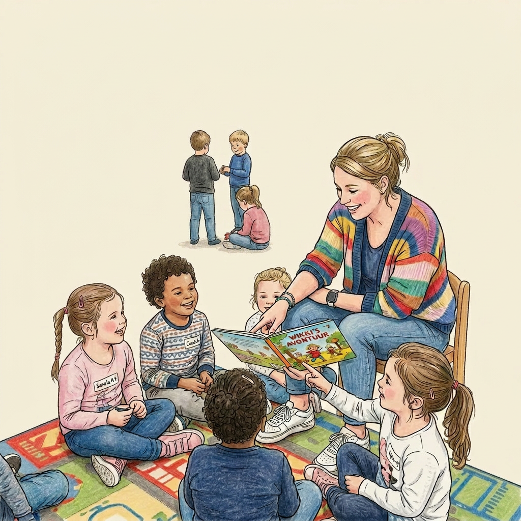 Teacher reading 'Wikki's Avontuur' to preschool children seated on a rug in a classroom